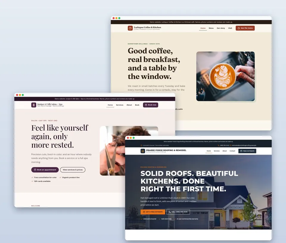 Three sample website designs shown in browser windows