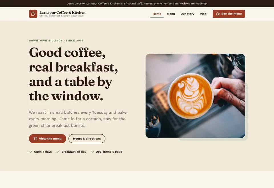 Sample design for a fictional coffee shop and café